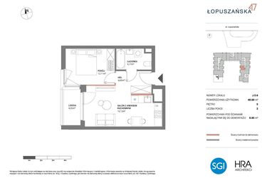 Rzut - Mieszkanie na sprzedaż 2 pokoje o powierzchni 40,69 m² - numer J.5.6 w Łopuszańska 47 - etap 3