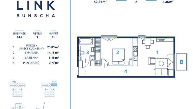Rzut - Mieszkanie na sprzedaż 2 pokoje o powierzchni 52,21 m² - numer 14A.10 w LINK BUNSCHA