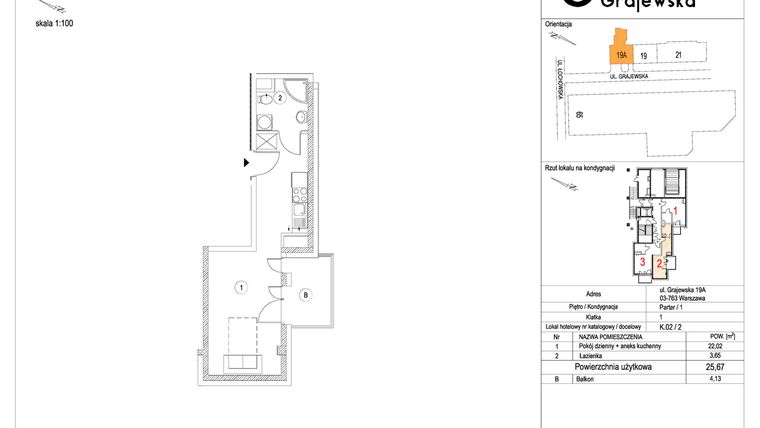 Rzut - Mieszkanie na sprzedaż 1 pokój o powierzchni 25,5 m² - numer M-2 w Apartamenty Grajewska