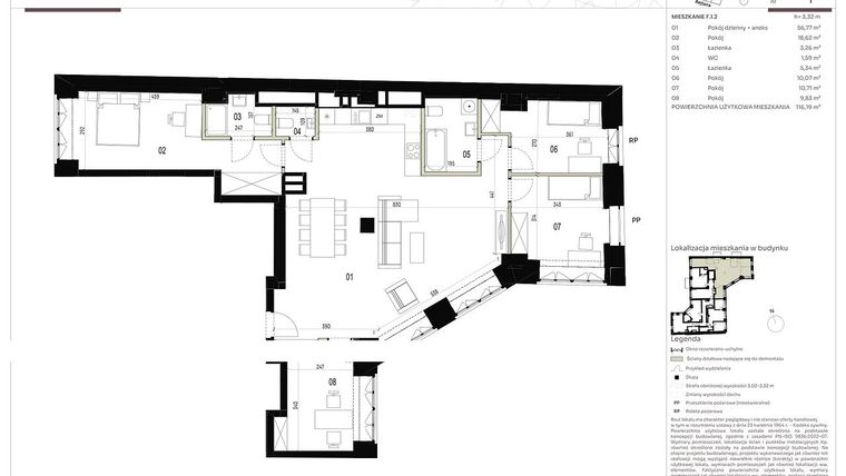 Rzut - Mieszkanie na sprzedaż 5 pokoi o powierzchni 116,79 m² - numer F.1.2 w Nowa Stawowa