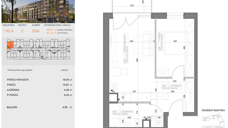 Rzut - Mieszkanie na sprzedaż 2 pokoje o powierzchni 41,12 m² - numer I-D24 w Industria etap I-D