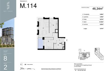 Rzut - Mieszkanie na sprzedaż 2 pokoje o powierzchni 46,34 m² - numer M114 w Sky Trust etap II