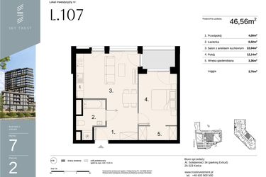 Rzut - Mieszkanie na sprzedaż 2 pokoje o powierzchni 46,56 m² - numer L107 w Sky Trust etap II - apartamenty inwestycyjne 23% VAT PRS