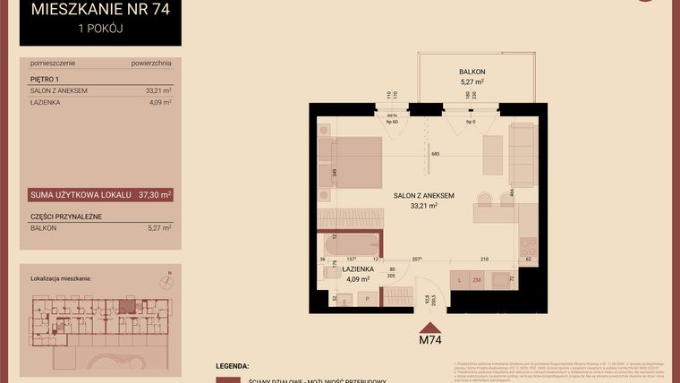 Rzut - Mieszkanie na sprzedaż 1 pokój o powierzchni 37,3 m² - numer 01.MB74 w Artepolis