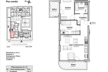 Rzut - Mieszkanie na sprzedaż 3 pokoje o powierzchni 61,38 m² - numer A.1.2 w Nowa Fregata