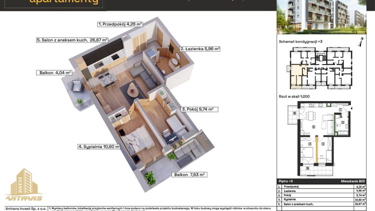 Rzut - Mieszkanie na sprzedaż 3 pokoje o powierzchni 57,23 m² - numer B23 w Osiedle Wełnowe Apartamenty