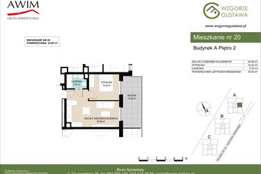 Rzut - Mieszkanie na sprzedaż 2 pokoje o powierzchni 35,05 m² - numer A20 w Wzgórze Gustawa
