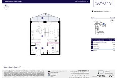 Rzut - Mieszkanie na sprzedaż 1 pokój o powierzchni 30,64 m² - numer 19 w Osiedle Neonowe