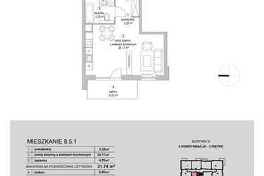 Rzut - Mieszkanie na sprzedaż 1 pokój o powierzchni 31,74 m² - numer 8.5.1 w Osiedle Przyjemne III