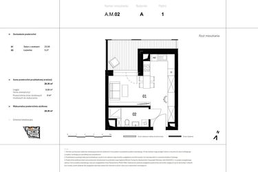 Rzut - Mieszkanie na sprzedaż 1 pokój o powierzchni 28,56 m² - numer A.M.02 w VIDOK