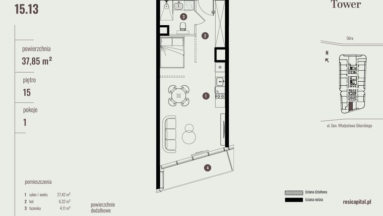 Rzut - Mieszkanie na sprzedaż 1 pokój o powierzchni 38,03 m² - numer 15.13 w Quorum Tower