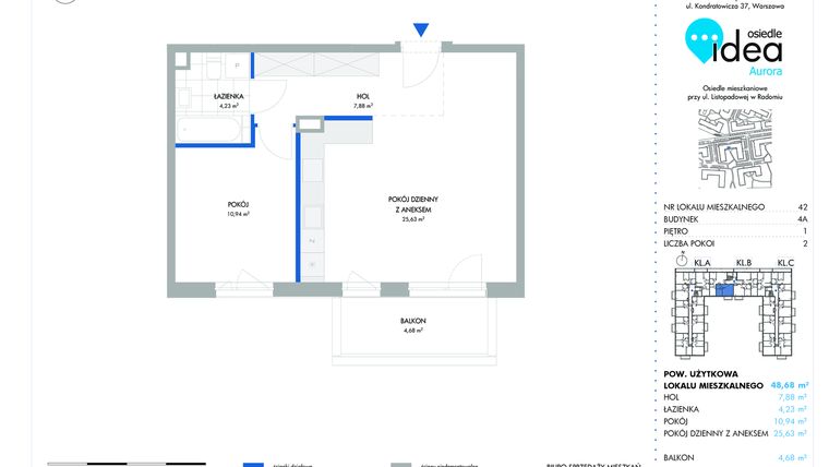 Rzut - Mieszkanie na sprzedaż 2 pokoje o powierzchni 48,72 m² - numer 42.4A w Osiedle Idea Aurora