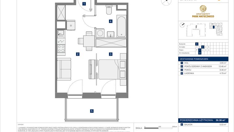 Rzut - Mieszkanie na sprzedaż 2 pokoje o powierzchni 30,38 m² - numer G-34 w Apartamenty Park Matecznego Etap 2