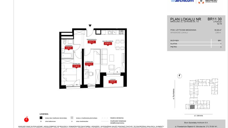 Rzut - Mieszkanie na sprzedaż 3 pokoje o powierzchni 55,08 m² - numer BR11/30 w Browary Wrocławskie 2