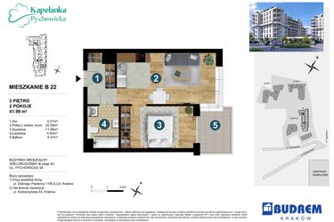 Rzut - Mieszkanie na sprzedaż 2 pokoje o powierzchni 41,99 m² - numer B22 w Kapelanka-Pychowicka Etap III