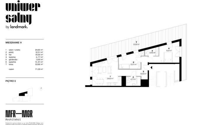 Rzut - Mieszkanie na sprzedaż 3 pokoje o powierzchni 71,29 m² - numer 11 w Dom Uniwersalny