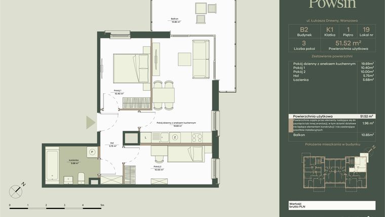 Rzut - Mieszkanie na sprzedaż 3 pokoje o powierzchni 51,52 m² - numer B2/19 w Onelife Powsin