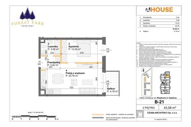 Rzut - Mieszkanie na sprzedaż 2 pokoje o powierzchni 43,58 m² - numer B.21 w Forest Park Kajetany