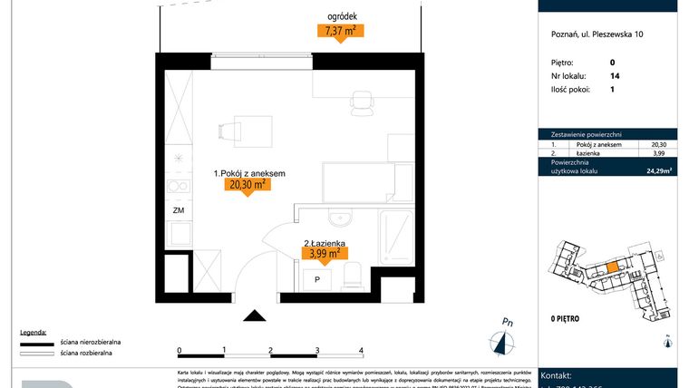 Rzut - Mieszkanie na sprzedaż 1 pokój o powierzchni 24,29 m² - numer B.0.14 w ŁACINA SPOT - apartamenty inwestycyjne