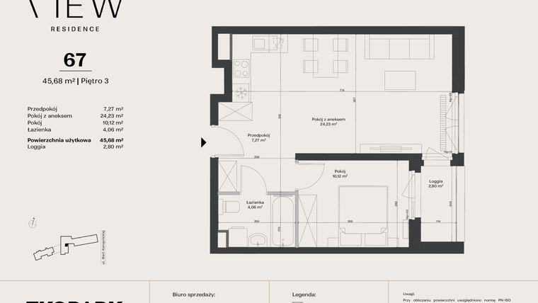 Rzut - Mieszkanie na sprzedaż 2 pokoje o powierzchni 45,68 m² - numer 67 w The View