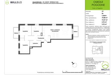 Rzut - Mieszkanie na sprzedaż 4 pokoje o powierzchni 73,07 m² - numer OP/A1/P1/06 w Osiedle Pogodne etap I