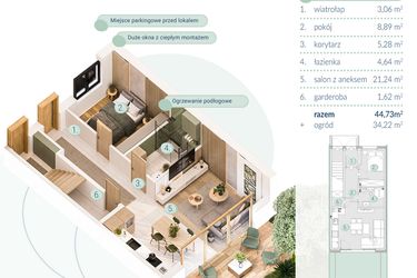 Rzut - Mieszkanie na sprzedaż 2 pokoje o powierzchni 44,73 m² - numer B.2.1 w Enklawa
