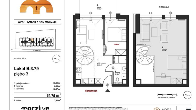 Rzut - Mieszkanie na sprzedaż 3 pokoje o powierzchni 64,75 m² - numer B.3.79 w Morzlive