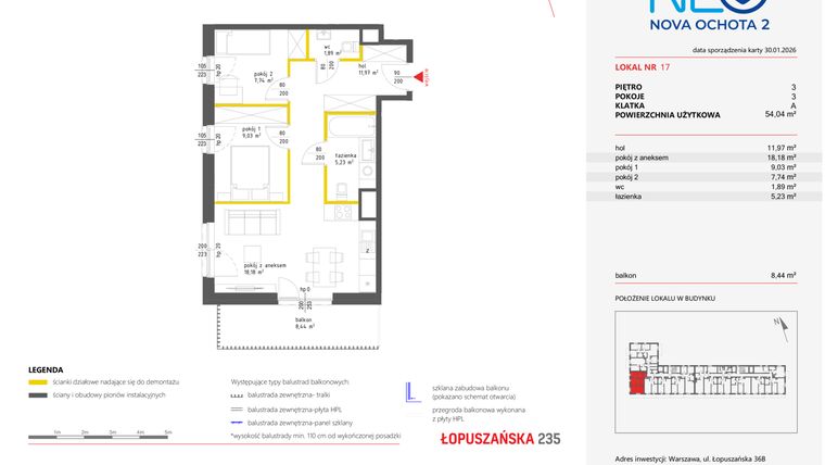 Rzut - Mieszkanie na sprzedaż 3 pokoje o powierzchni 53,98 m² - numer 17 w Neo Nova Ochota 2
