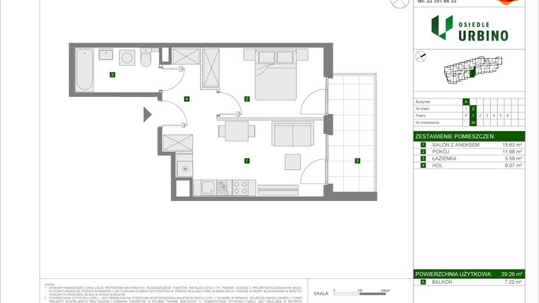 Rzut - Mieszkanie na sprzedaż 2 pokoje o powierzchni 39,26 m² - numer 5.1.A.39 w Osiedle Urbino etap 5