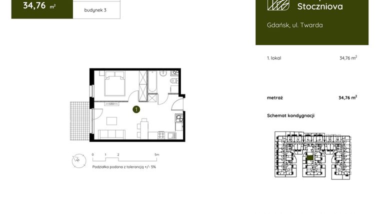 Rzut - Mieszkanie na sprzedaż 1 pokój o powierzchni 34,76 m² - numer 3.D.0.06 w Murapol Stoczniova