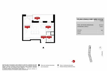 Rzut - Mieszkanie na sprzedaż 1 pokój o powierzchni 32,74 m² - numer WR2 1/1/1/1k w Przystań Reymonta