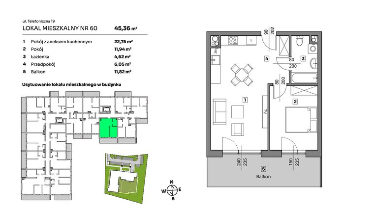 Rzut - Mieszkanie na sprzedaż 2 pokoje o powierzchni 45,36 m² - numer 60 w Nova Radiostacja
