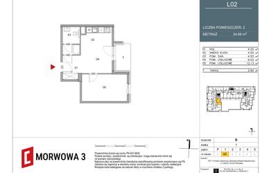 Rzut - Mieszkanie na sprzedaż 2 pokoje o powierzchni 34,88 m² - numer 2 w Morwowa 3 - Apartamenty Inwestycyjne
