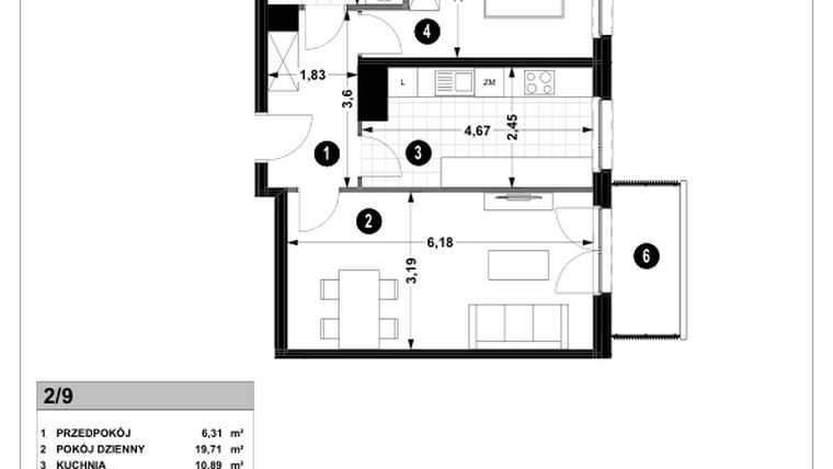 Rzut - Mieszkanie na sprzedaż 2 pokoje o powierzchni 53,16 m² - numer 3A.2/9 w Nowa Winnica