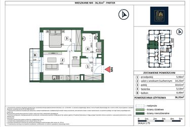 Rzut - Mieszkanie na sprzedaż 2 pokoje o powierzchni 36,35 m² - numer 4 w Osiedle przy Sportowej etap III
