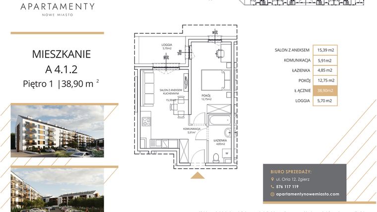 Rzut - Mieszkanie na sprzedaż 2 pokoje o powierzchni 38,9 m² - numer A4.1.2 w Apartamenty Nowe Miasto