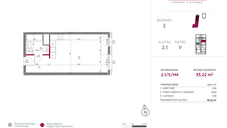Rzut - Mieszkanie na sprzedaż 1 pokój o powierzchni 33,22 m² - numer 2.1/5/M4 w Lechicka 65