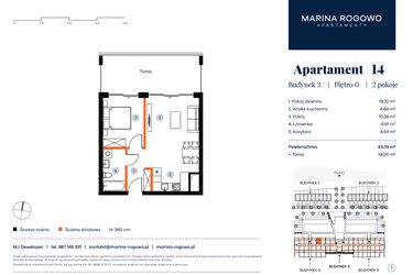 Rzut - Mieszkanie na sprzedaż 2 pokoje o powierzchni 43,79 m² - numer 14 w Apartamenty Marina Rogowo