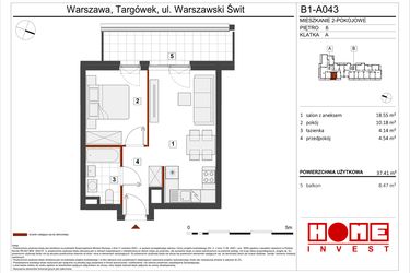 Rzut - Mieszkanie na sprzedaż 2 pokoje o powierzchni 37,41 m² - numer B1-A043 w Warszawski Świt etap VIII