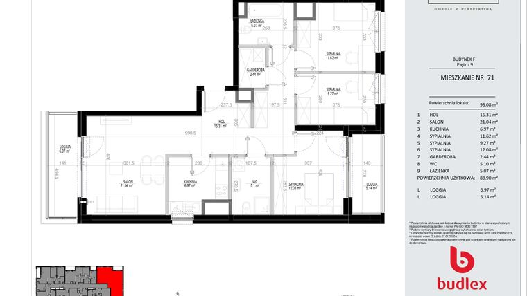 Rzut - Mieszkanie na sprzedaż 4 pokoje o powierzchni 93,08 m² - numer F.71 w Osiedle Panorama - III etap