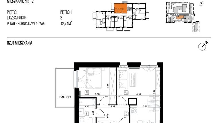 Rzut - Mieszkanie na sprzedaż 2 pokoje o powierzchni 42,74 m² - numer 22H/12 w NATURAMA II