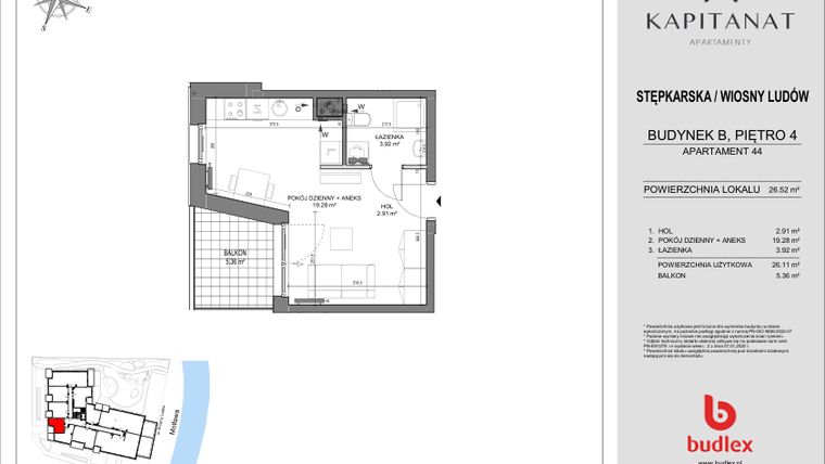 Rzut - Mieszkanie na sprzedaż 1 pokój o powierzchni 26,52 m² - numer 44.B w Kapitanat Apartamenty
