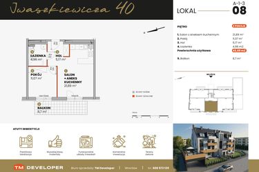 Rzut - Mieszkanie na sprzedaż 2 pokoje o powierzchni 43,09 m² - numer A-1-3 w Iwaszkiewicza 40