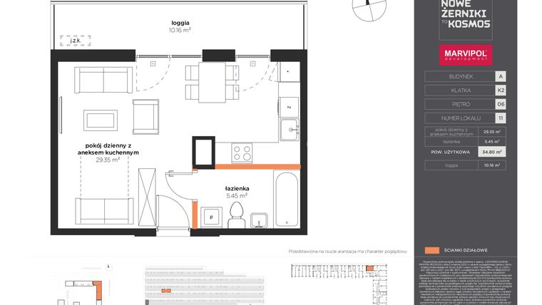 Rzut - Mieszkanie na sprzedaż 1 pokój o powierzchni 34,8 m² - numer A-06-11-K2 w Nowe Żerniki to KOSMOS