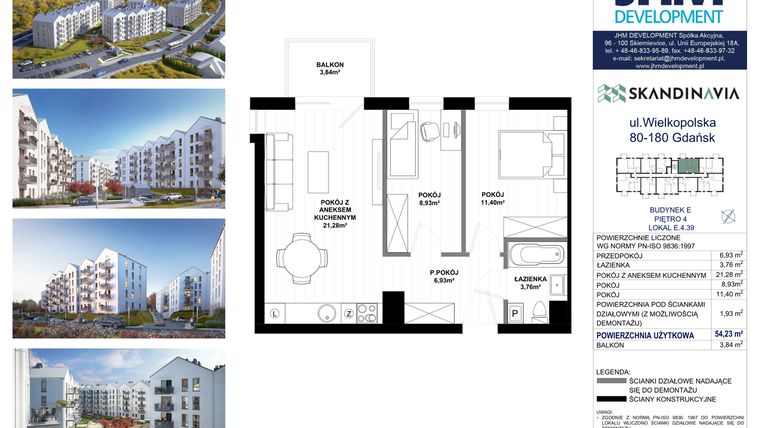 Rzut - Mieszkanie na sprzedaż 3 pokoje o powierzchni 54,23 m² - numer E.4.39 w Skandinavia