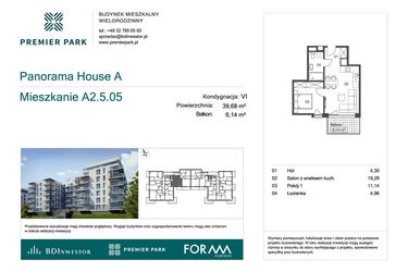 Rzut - Mieszkanie na sprzedaż 2 pokoje o powierzchni 39,68 m² - numer A2.5.05 w Premier Park II
