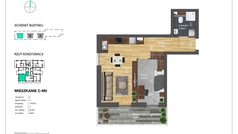 Rzut - Mieszkanie na sprzedaż 2 pokoje o powierzchni 38,19 m² - numer C-M5 w Bunscha Park 4.0