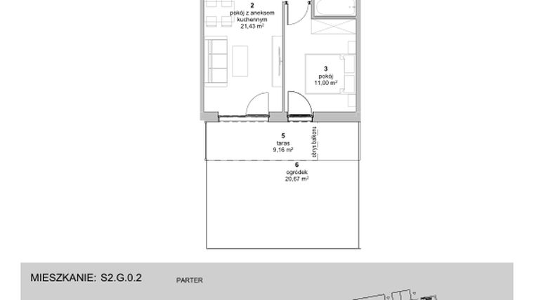 Rzut - Mieszkanie na sprzedaż 2 pokoje o powierzchni 41,44 m² - numer S2.G.0.2 w ATAL Idea Swarzędz II