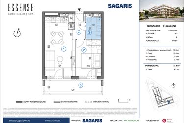 Rzut - Mieszkanie na sprzedaż 2 pokoje o powierzchni 37,9 m² - numer B1.B.00.07M w ESSENSE Baltic Resort&SPA 2
