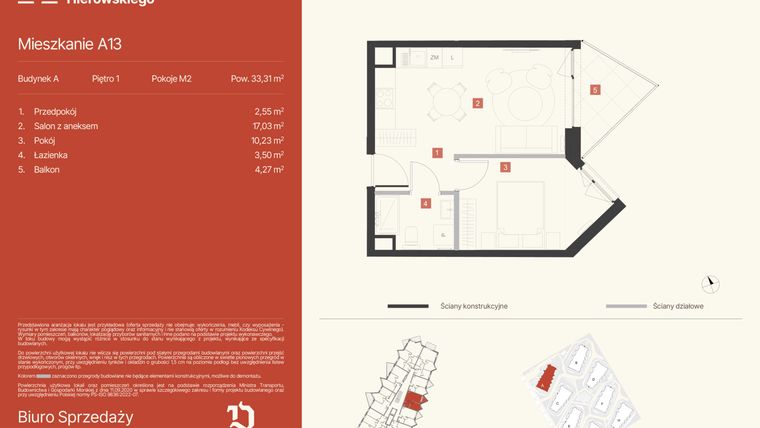 Rzut - Mieszkanie na sprzedaż 2 pokoje o powierzchni 33,31 m² - numer A13 w Osiedle Hierowskiego